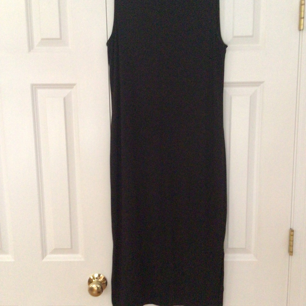 Tahari black knit midi dress, sleeveless, mock neck.